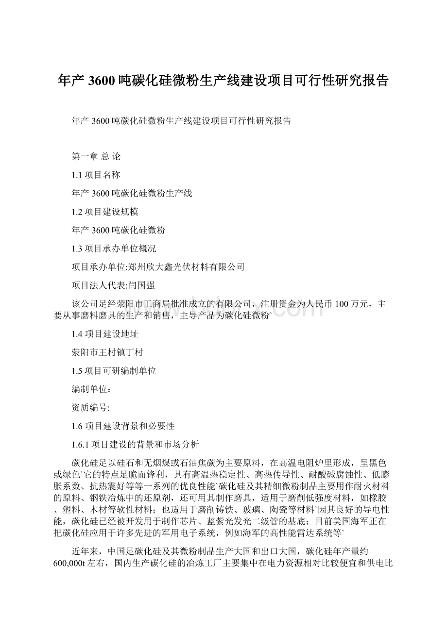 年产3600吨碳化硅微粉生产线建设项目可行性研究报告文档格式.docx_第1页