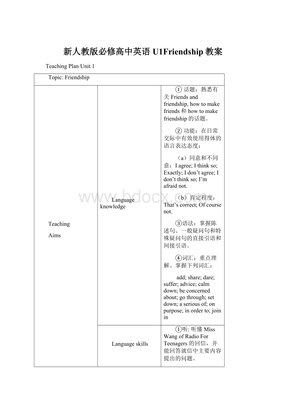 新人教版必修高中英语U1Friendship教案.docx