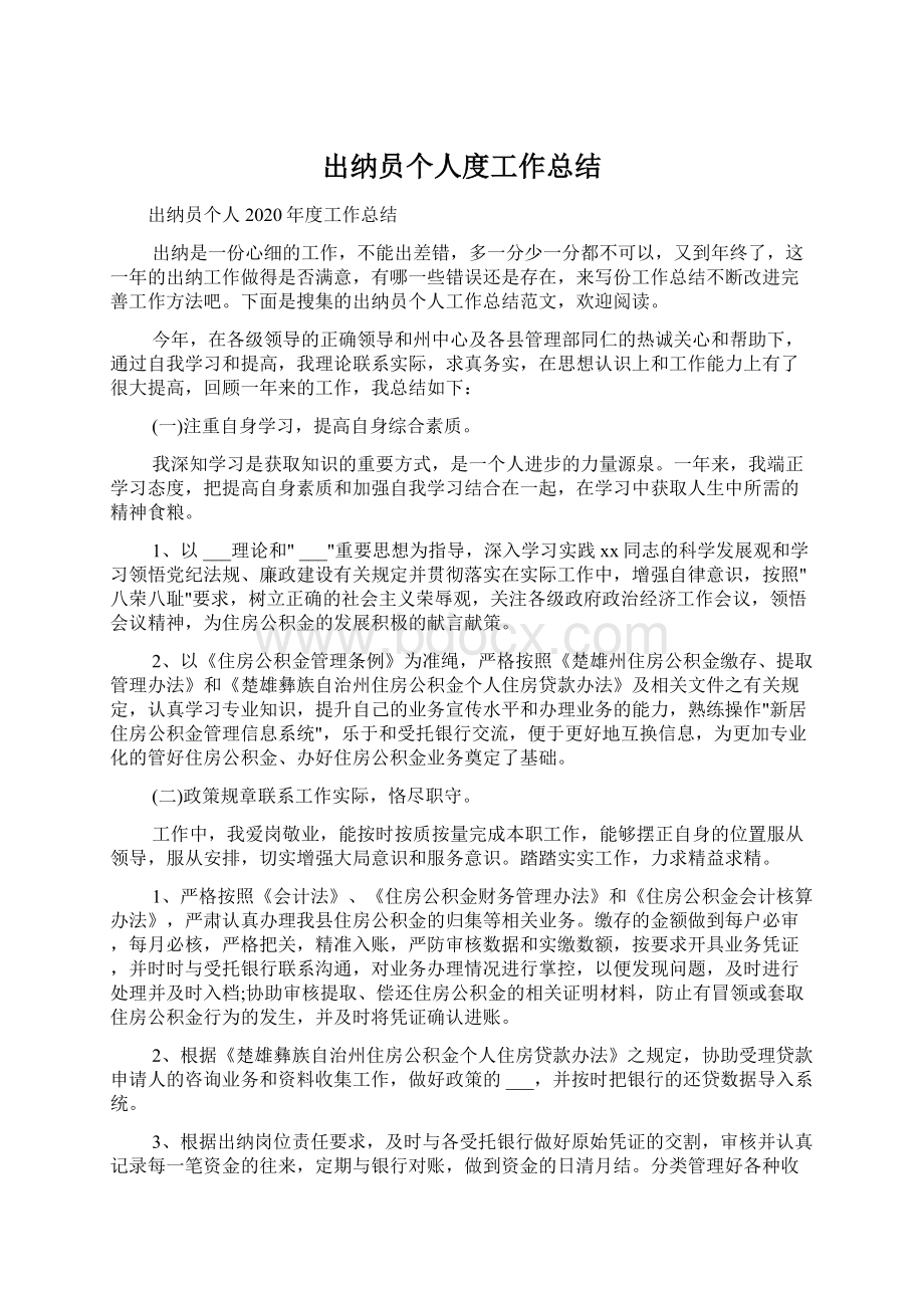 出纳员个人度工作总结Word格式.docx