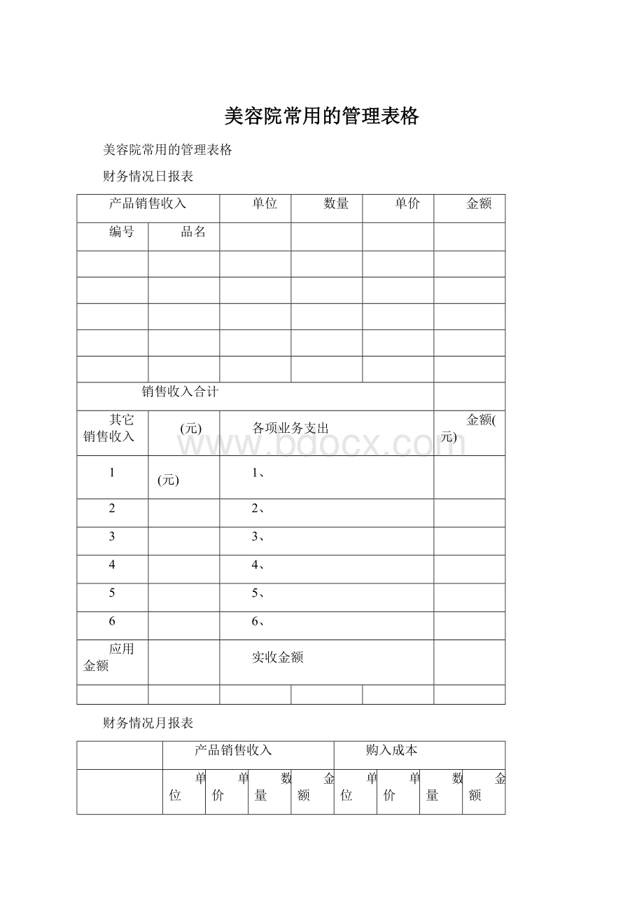 美容院常用的管理表格Word文档下载推荐.docx