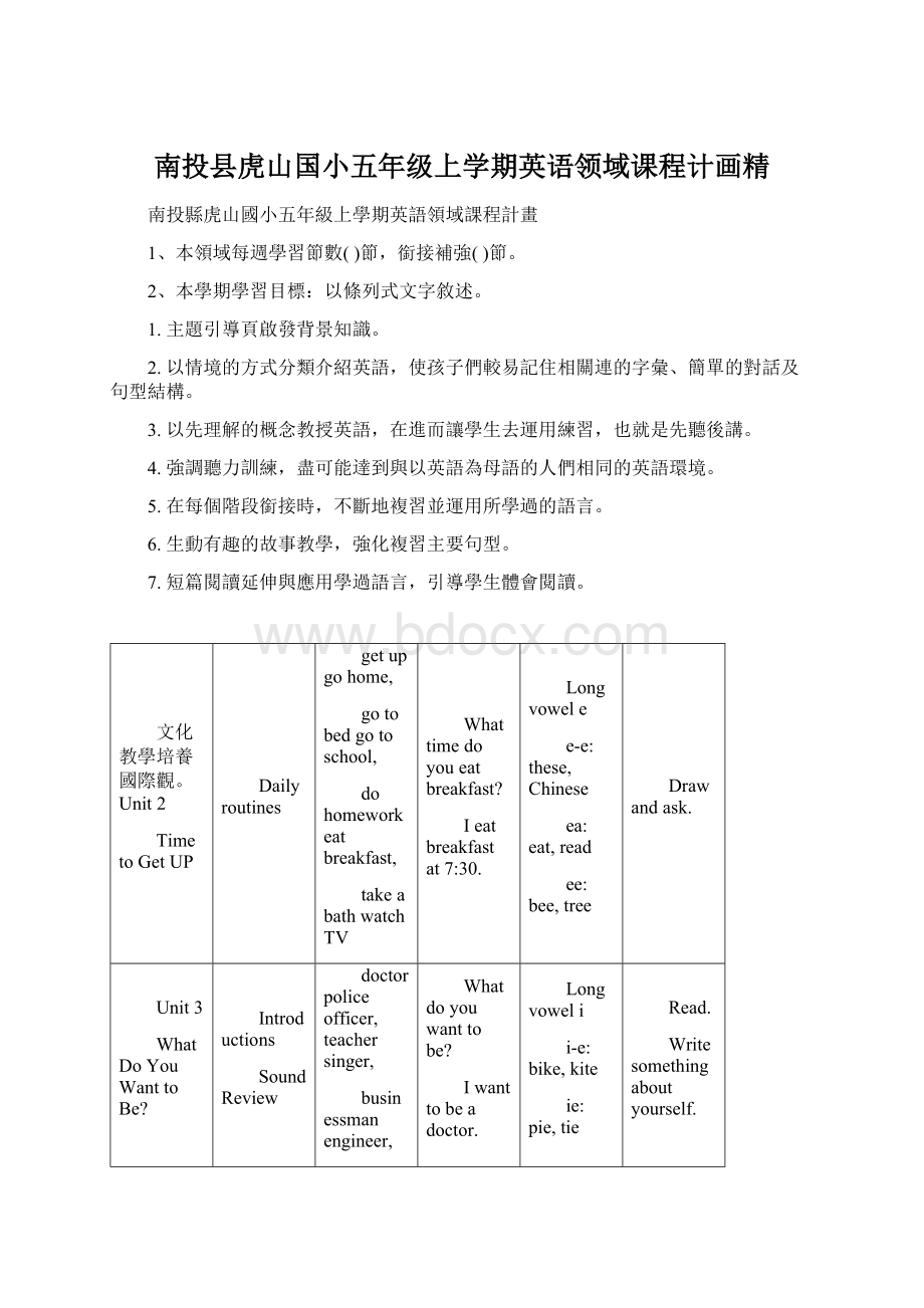 南投县虎山国小五年级上学期英语领域课程计画精Word文档下载推荐.docx_第1页