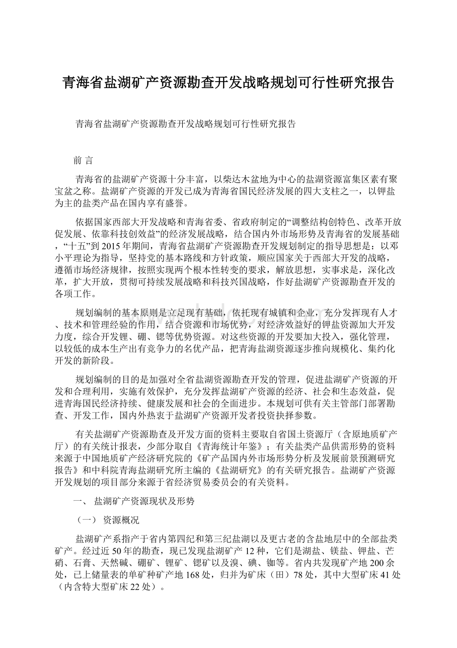 青海省盐湖矿产资源勘查开发战略规划可行性研究报告Word文档格式.docx