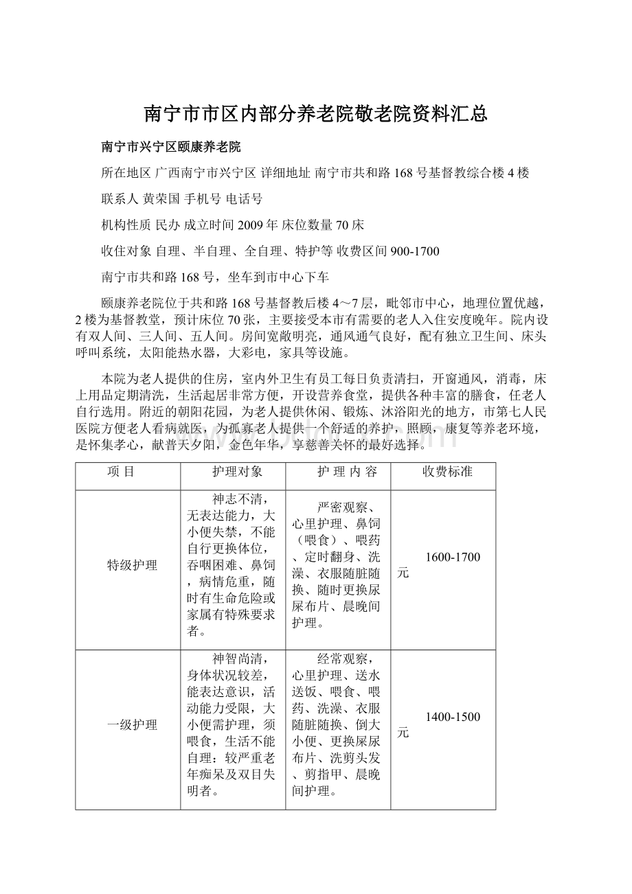 南宁市市区内部分养老院敬老院资料汇总Word文档下载推荐.docx