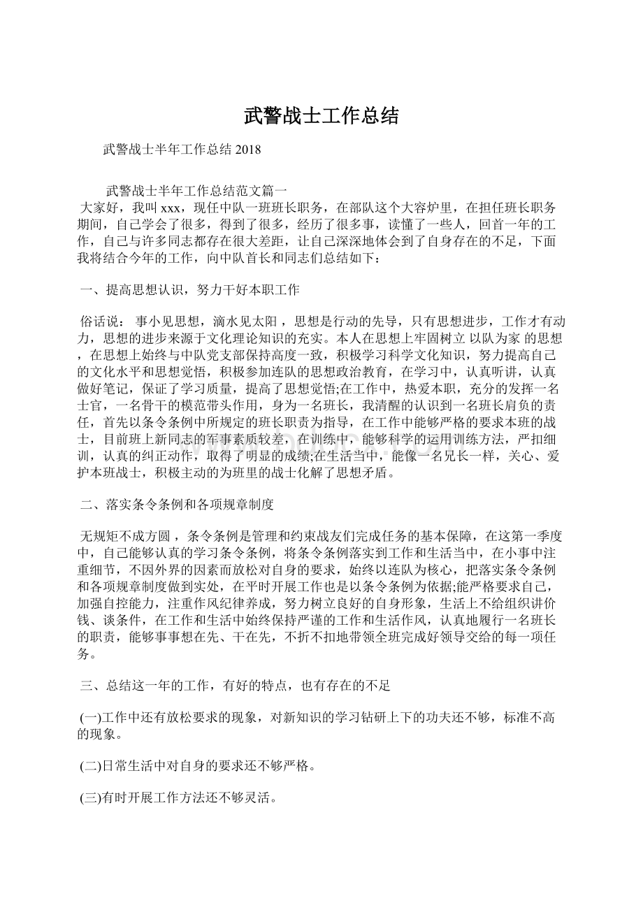 武警战士工作总结Word格式文档下载.docx_第1页