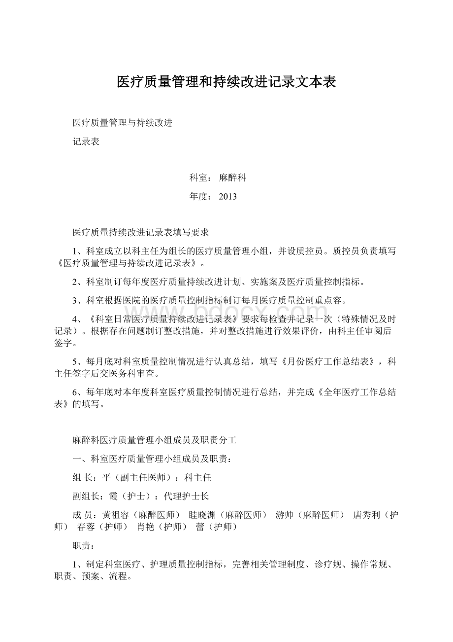 医疗质量管理和持续改进记录文本表Word文档格式.docx