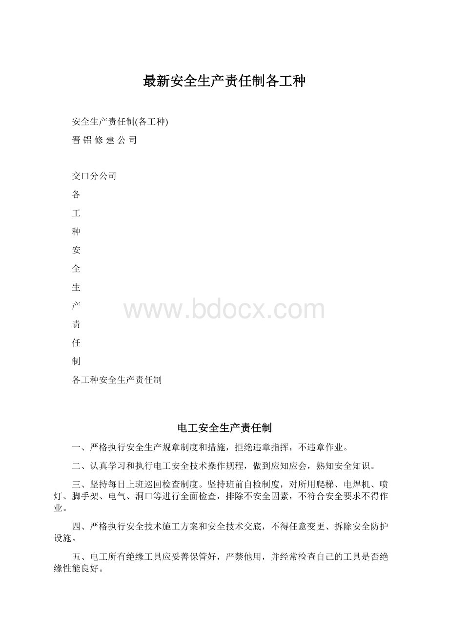 最新安全生产责任制各工种Word格式文档下载.docx