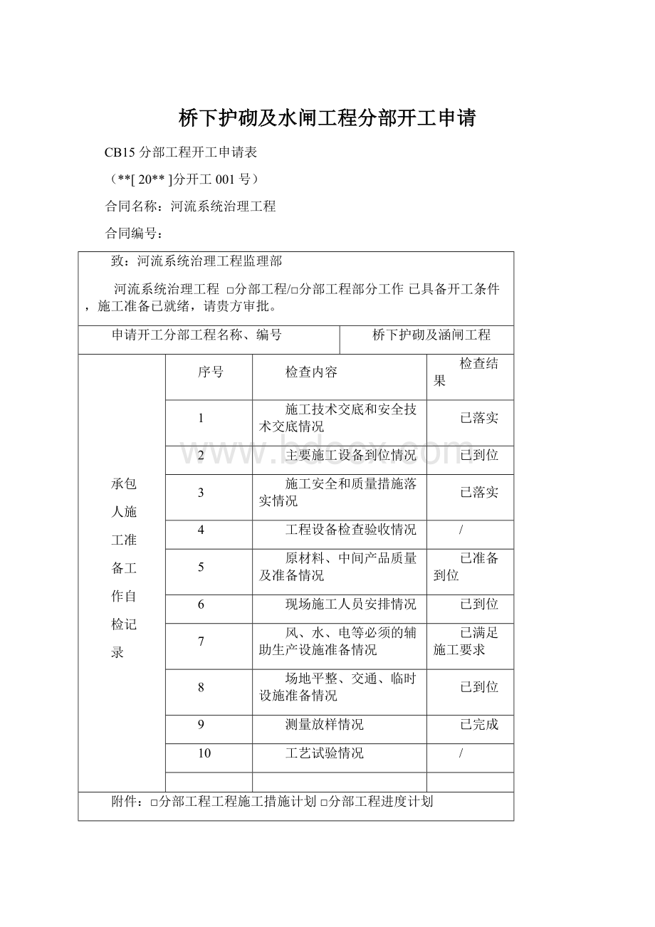 桥下护砌及水闸工程分部开工申请Word格式文档下载.docx_第1页