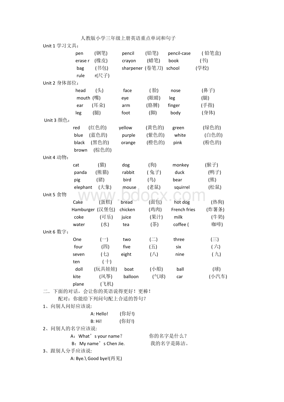 人教版小学三年级上册英语重点单词和句子Word文档格式.docx_第1页