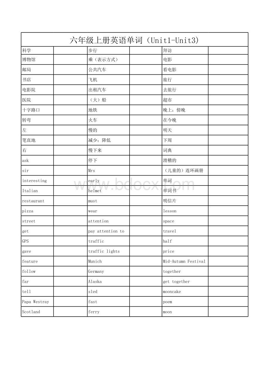 人教版六年级上册英语单词表表格文件下载.xls