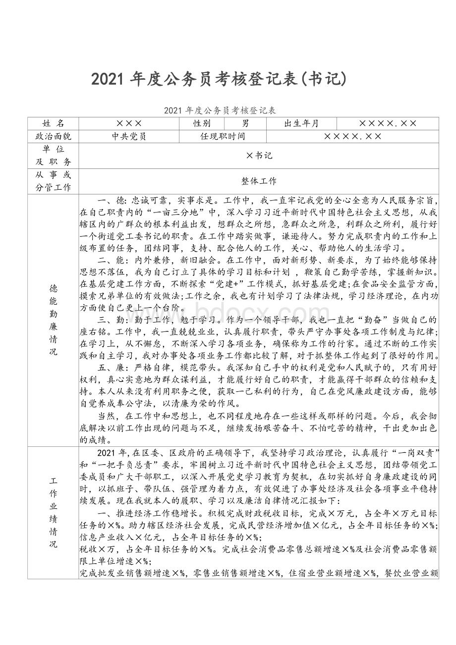 2021年度公务员考核登记表(书记)Word文档格式.docx