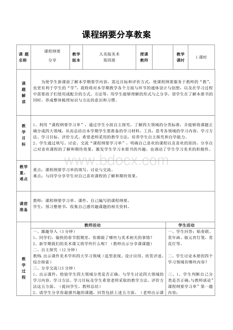 美术第四册课程纲要分享教案.doc_第1页