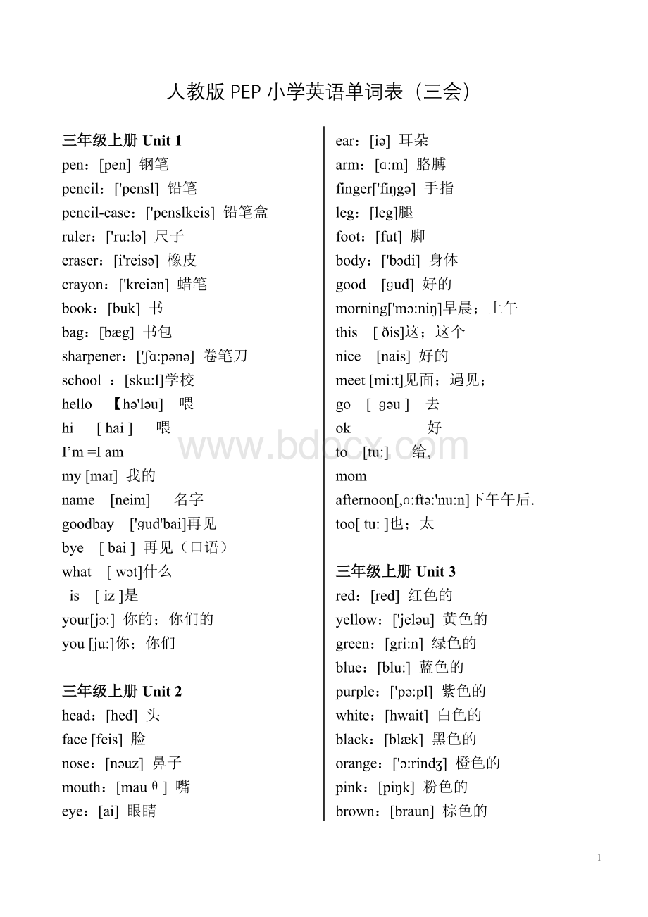 人教版PEP小学英语单词表(三会)Word格式.doc_第1页