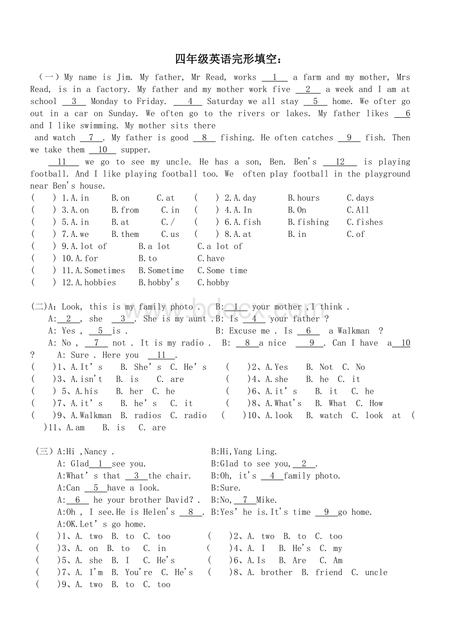 四年级完形填空文档格式.doc_第1页