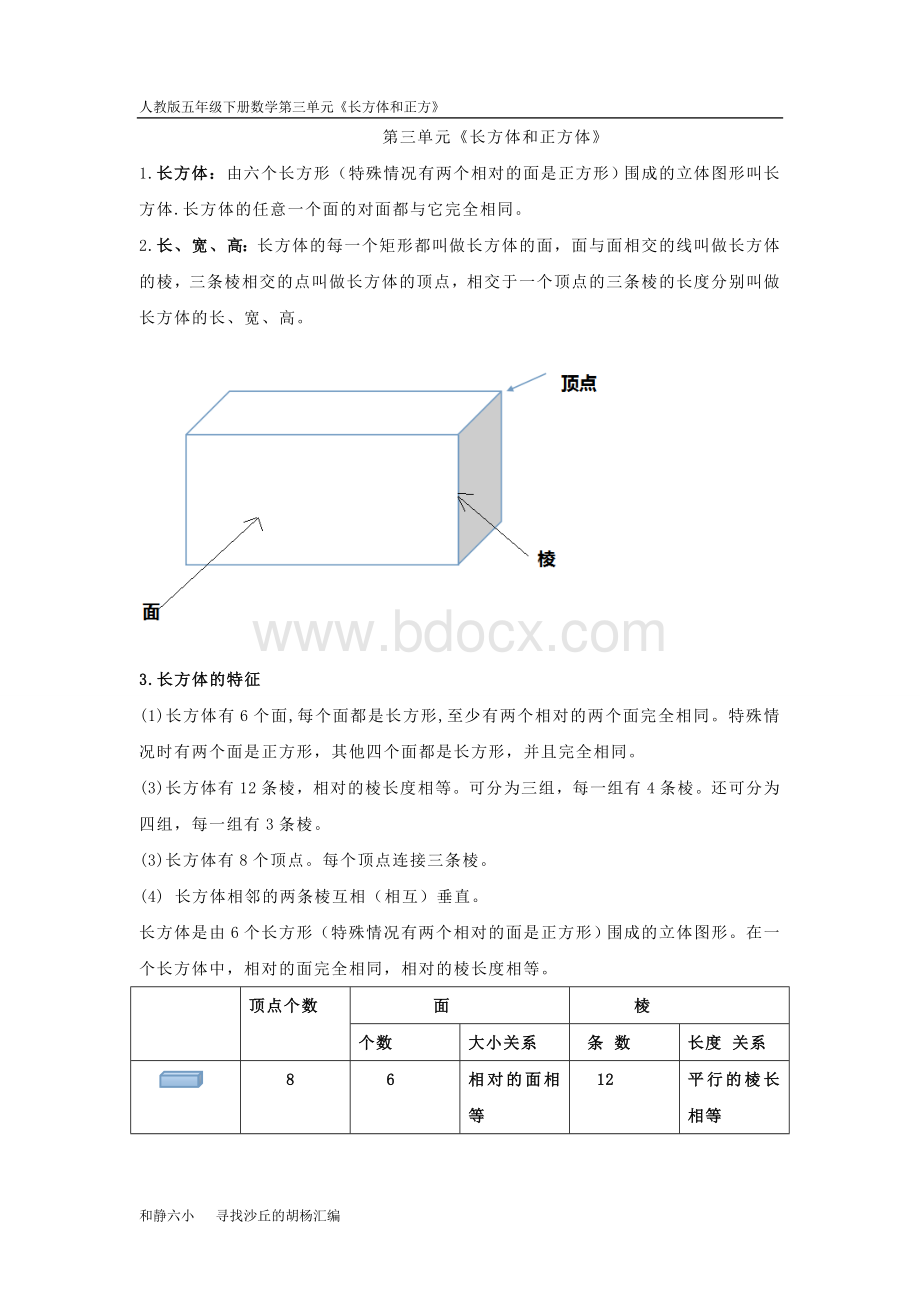 人教版五年级下册数学第三单元《长方体和正方体的认识》知识点.doc