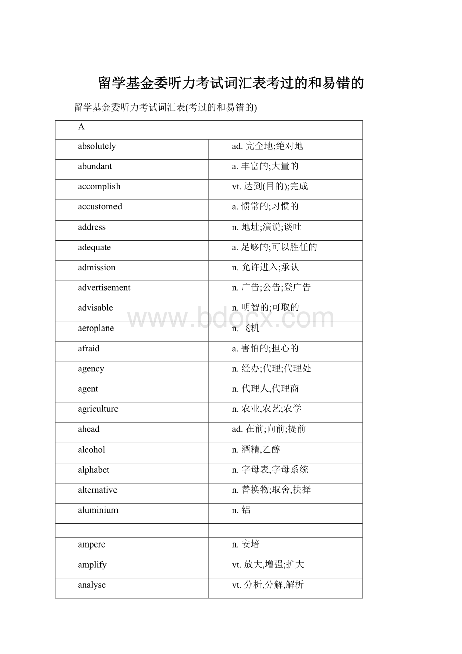 留学基金委听力考试词汇表考过的和易错的.docx_第1页