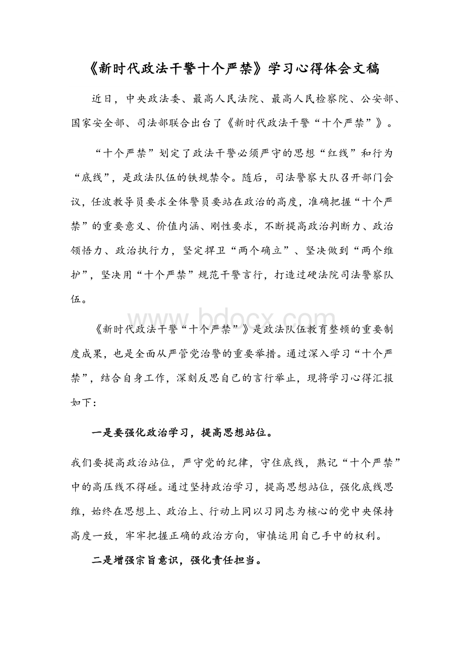 《新时代政法干警十个严禁》学习心得体会文稿.docx_第1页