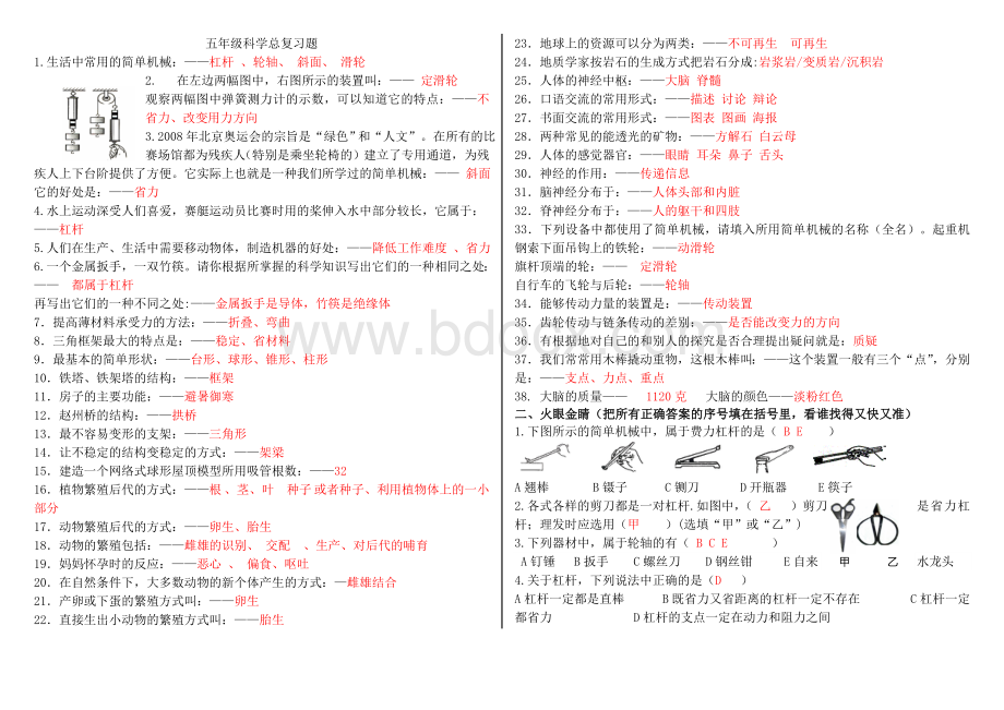 苏教版科学五年级下册总复习题-试卷.doc