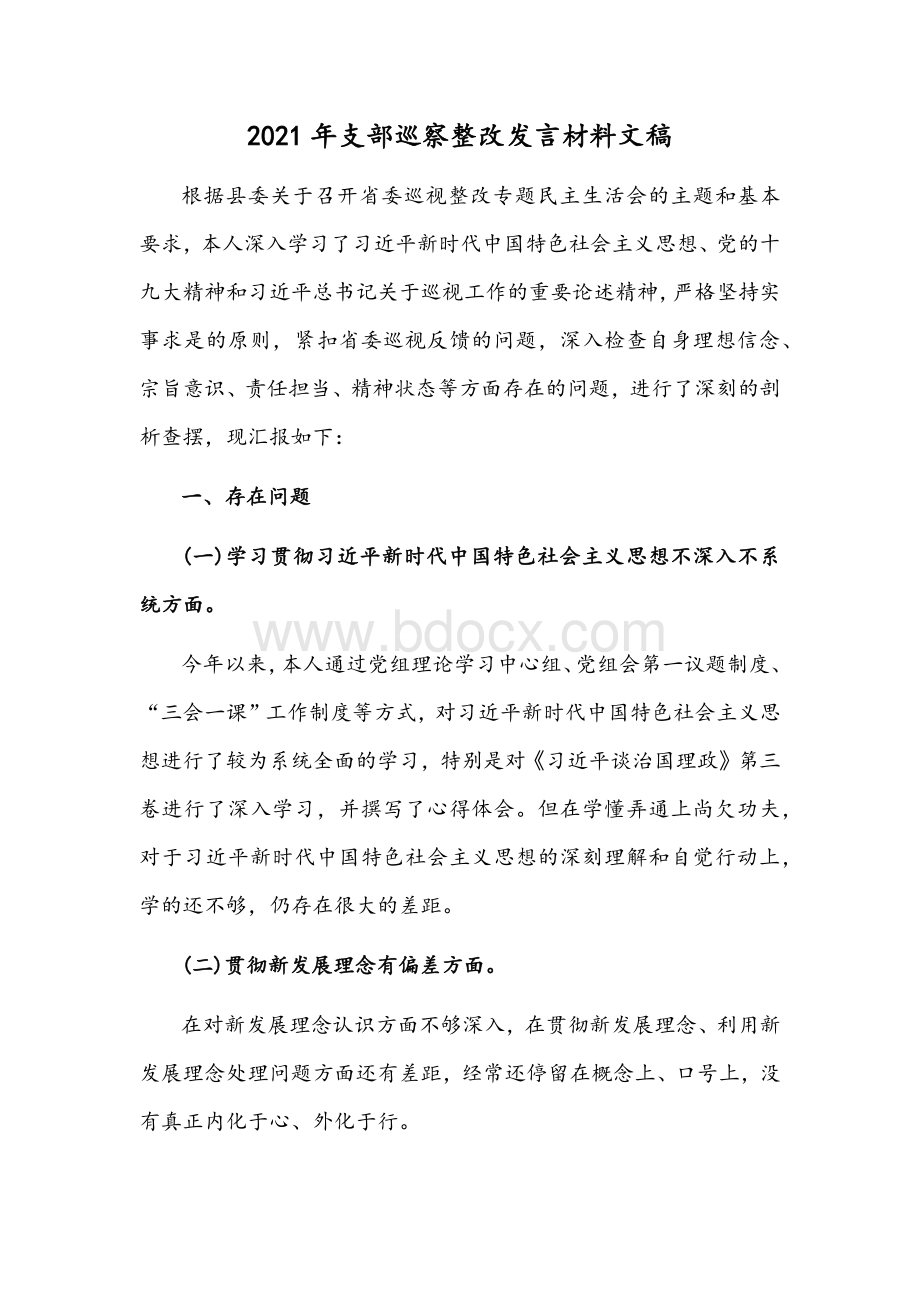 2021年支部巡察整改发言材料文稿.docx