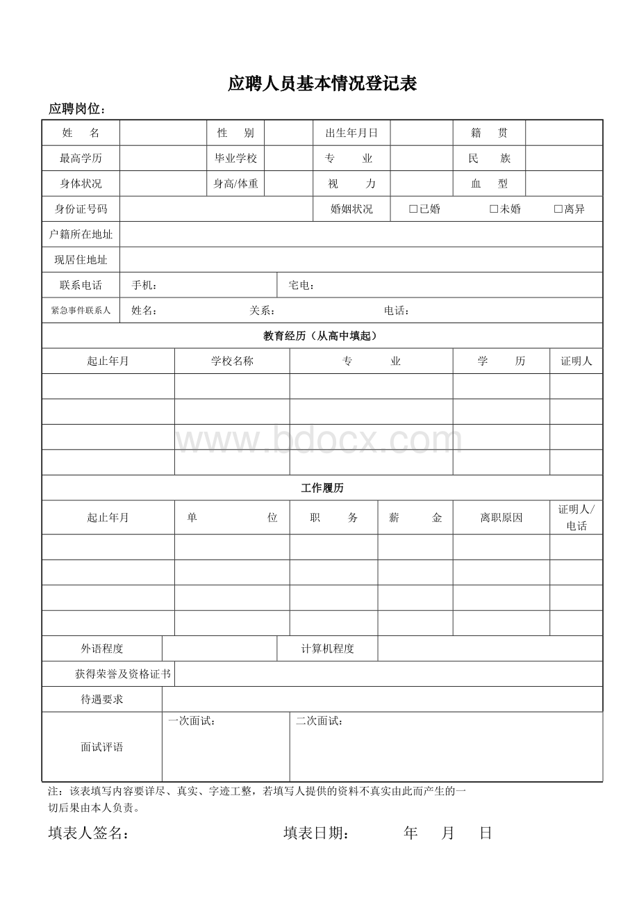 培训学校岗位应聘表格.doc