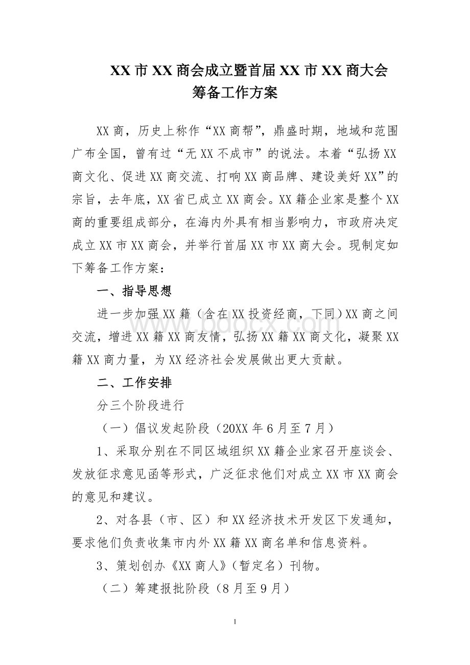 XX商会成立暨首届XX商大会筹备工作方案Word文档下载推荐.doc