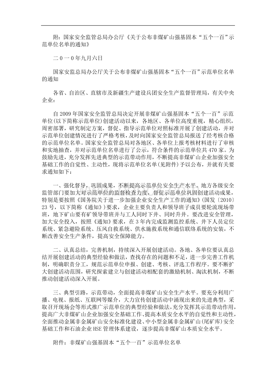 陕西省安监局转发国家安监总局办公厅关于公布非煤矿山强基固本“五个一百”示范单位名单Word文档下载推荐.doc_第2页