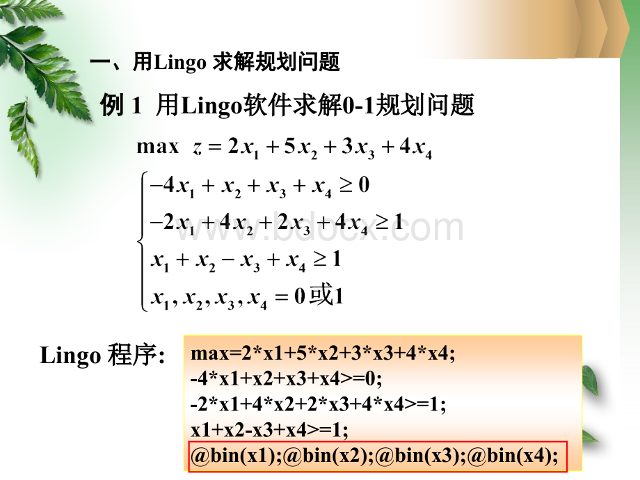 实验二利用Lingo求解整数规划及非线性规划问题_精品文档PPT课件下载推荐.ppt_第3页