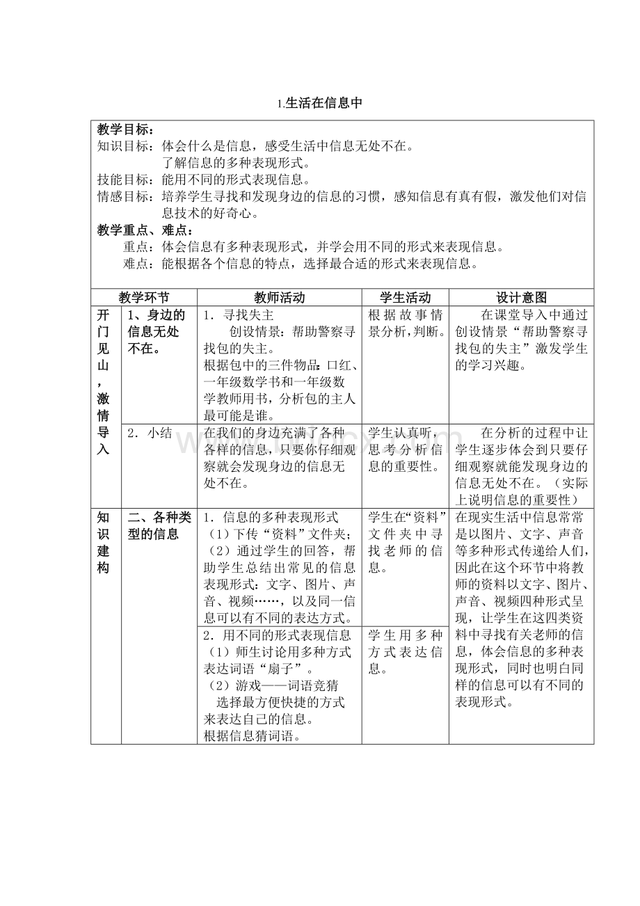 浙摄版小学信息技术五年级下册表格式教案Word格式.doc