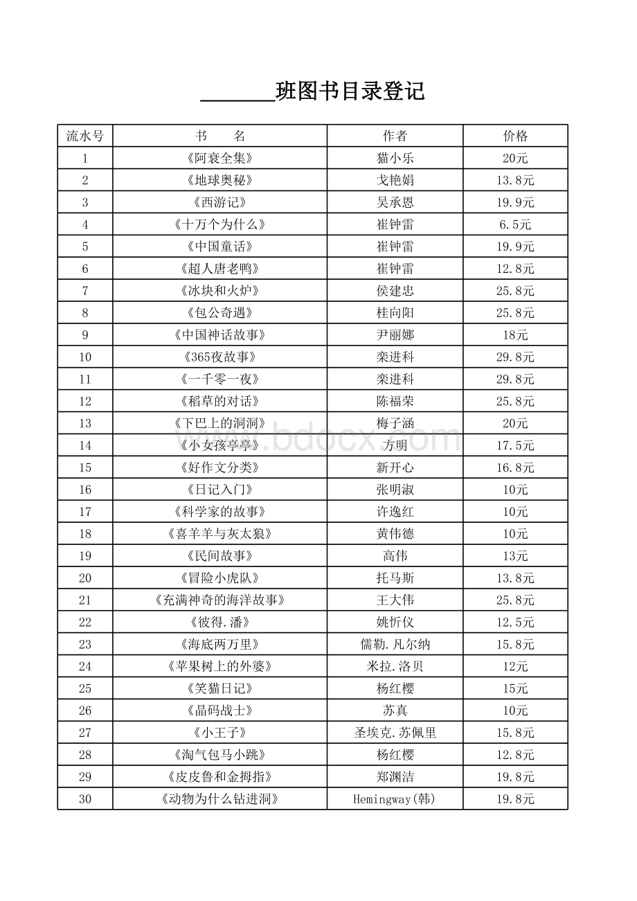 班级图书目录表格文件下载.xls