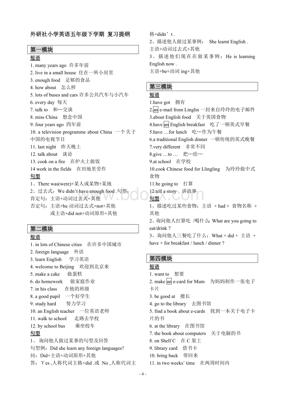 外研社小学英语五年级下学期复习提纲(整理编辑完美打印版).doc_第1页