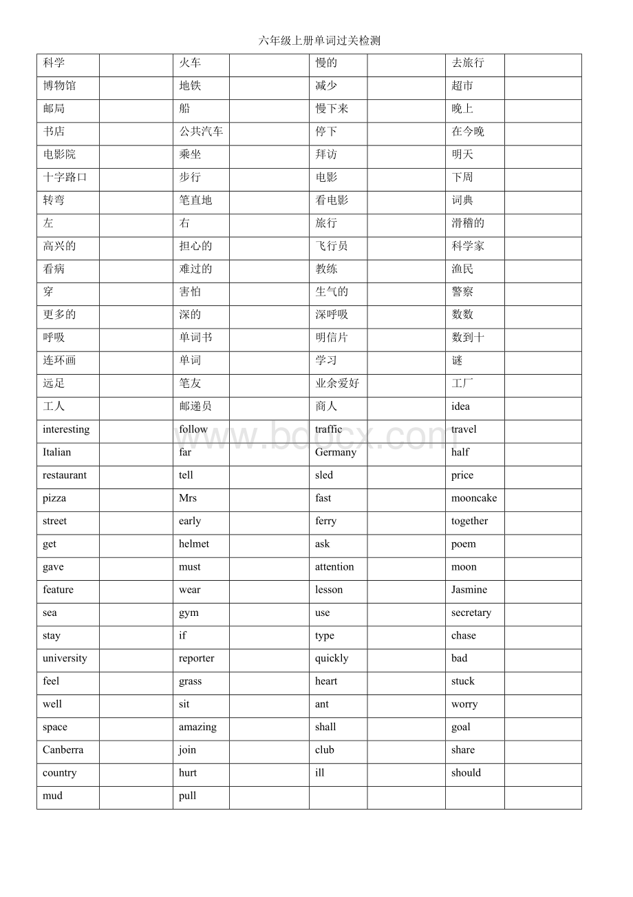 PEP小学六年级上册单词检测.wps资料文档下载_第1页