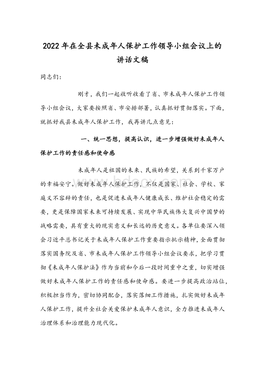 2022年在全县未成年人保护工作领导小组会议上的讲话文稿.docx_第1页