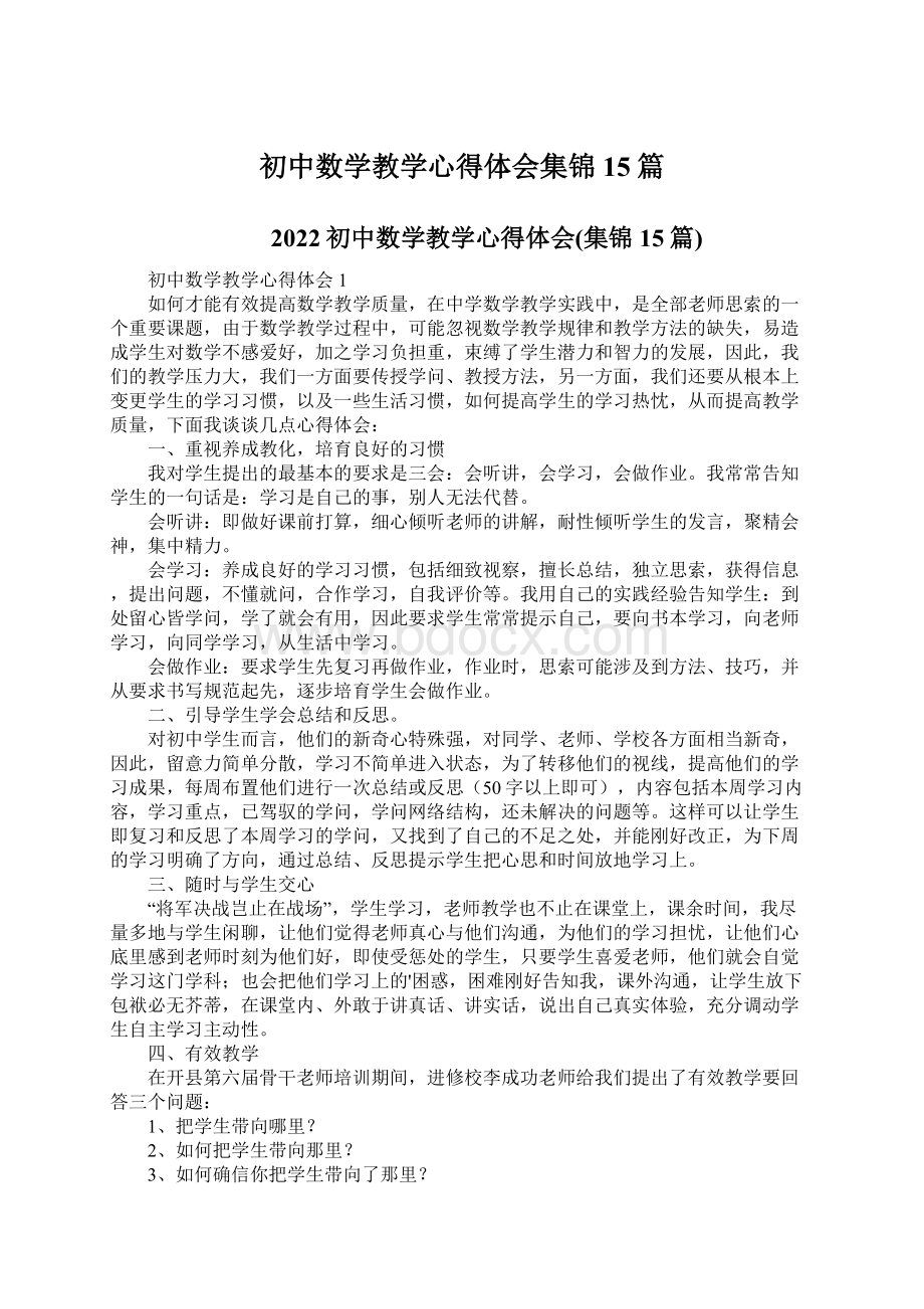 初中数学教学心得体会集锦15篇Word格式文档下载.docx