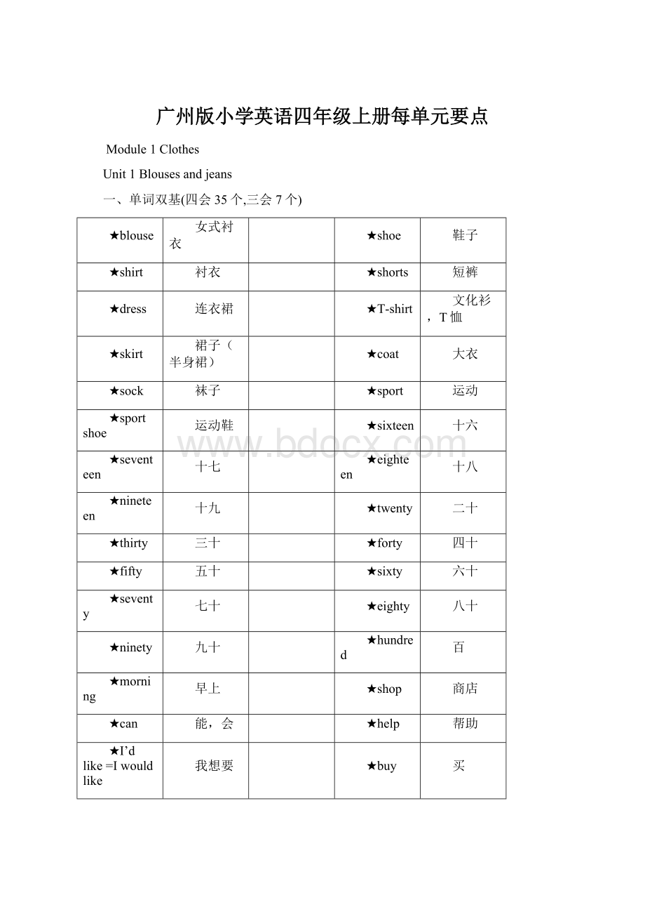 广州版小学英语四年级上册每单元要点.docx