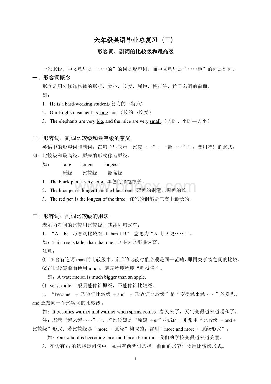 六年级英语毕业总复习(比较级、最高级)Word格式文档下载.doc_第1页