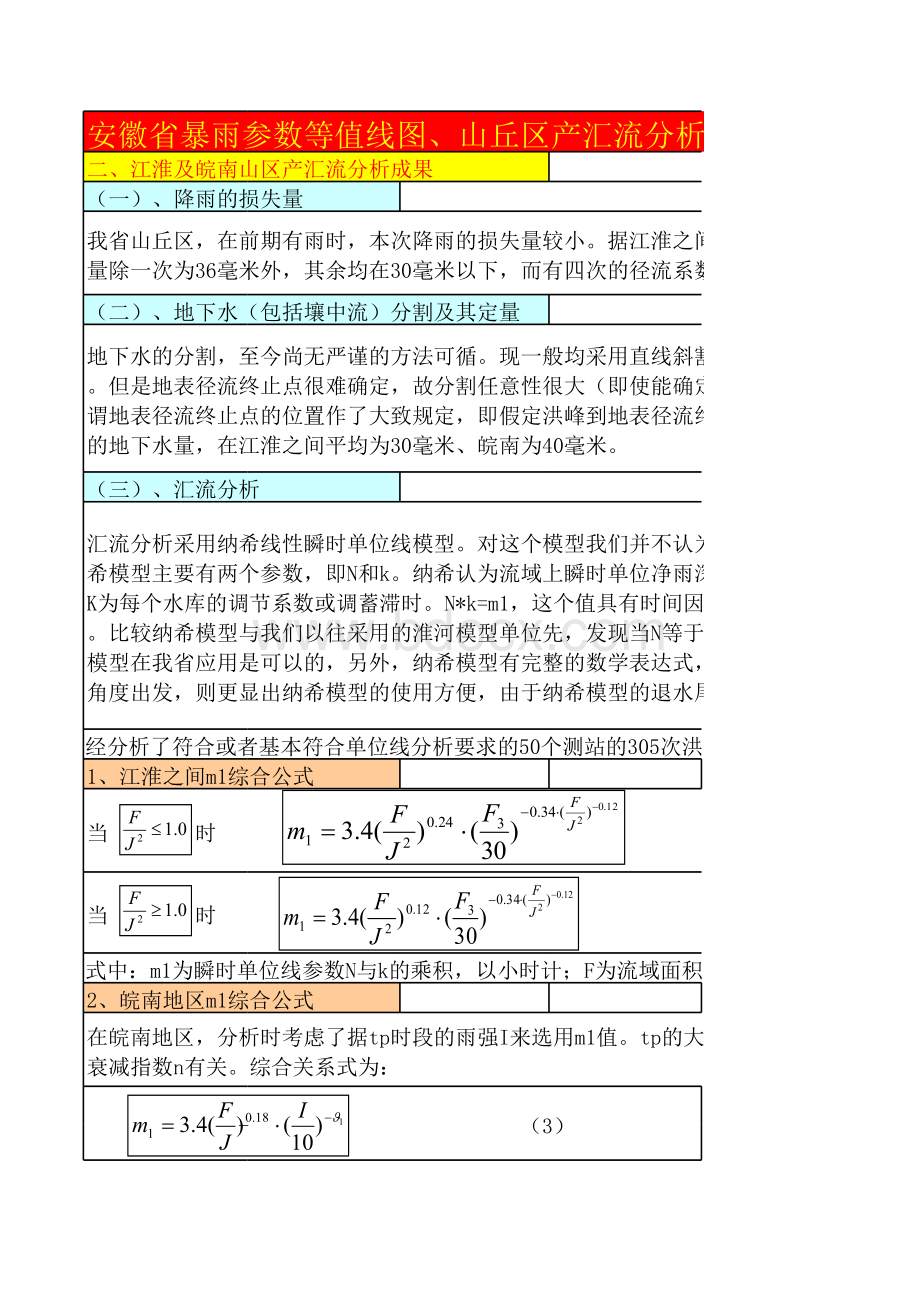 安徽省暴雨参数等值线图山丘区产汇流分析成果和山丘区中小面积设计洪水计算办法_精品文档表格文件下载.xls_第1页