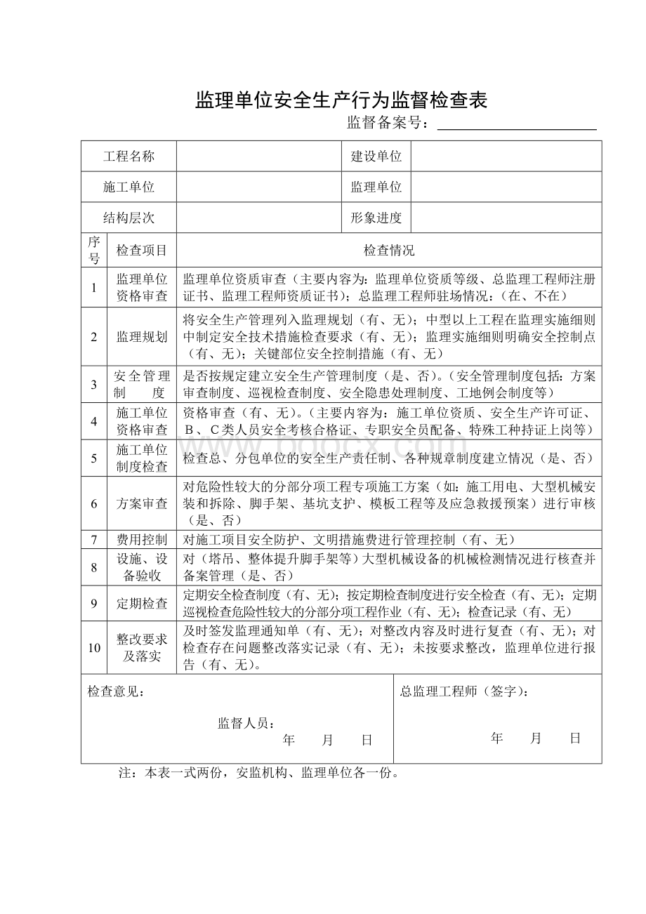 建设单位、监理单位、施工单位安全生产行为监督检查表Word文档下载推荐.doc_第2页