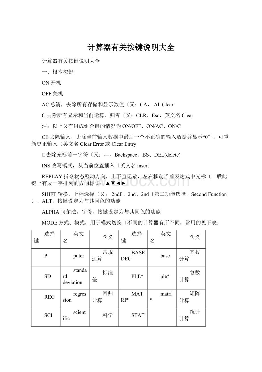 计算器有关按键说明大全Word下载.docx_第1页