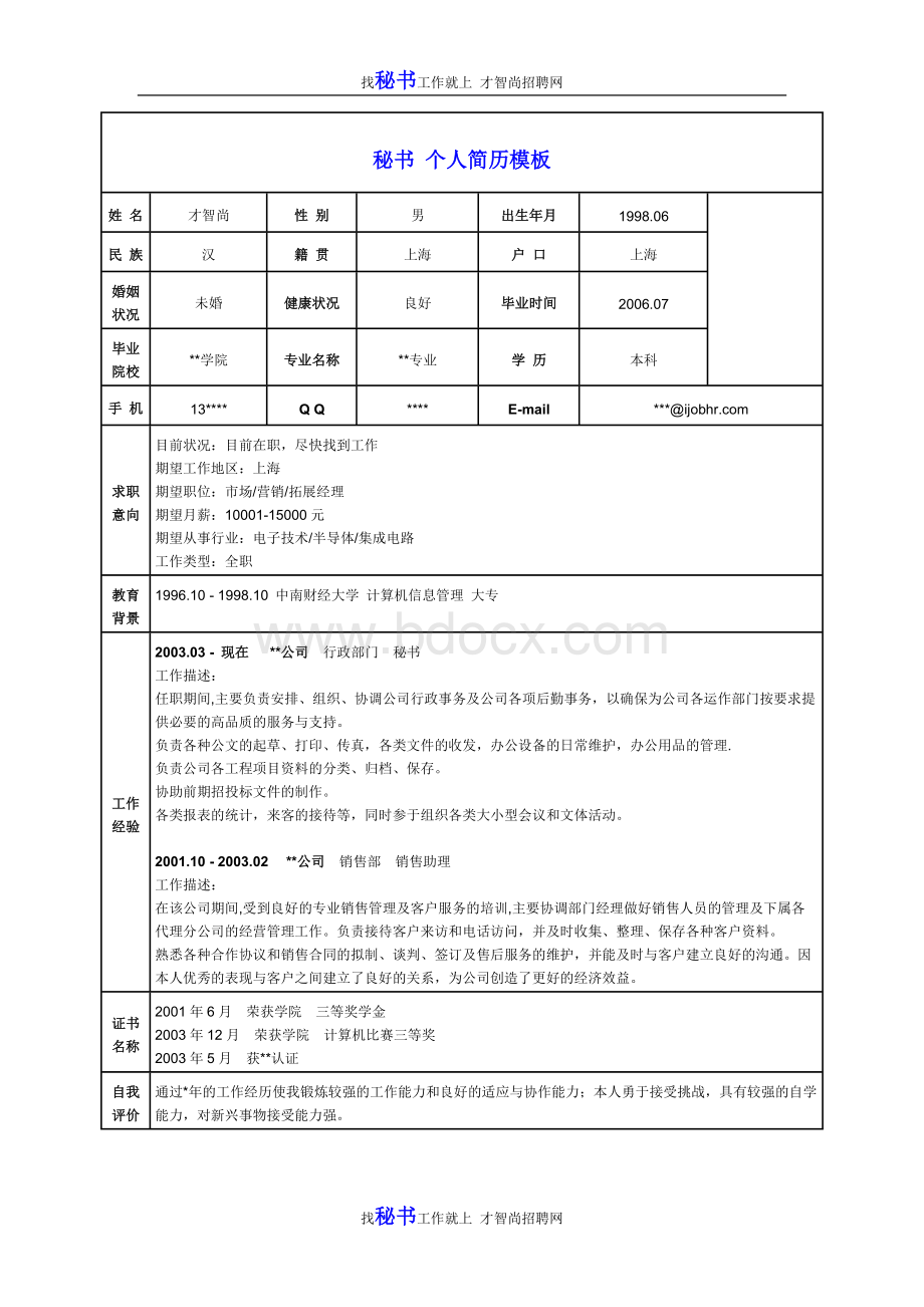 秘书个人简历模板Word下载.doc