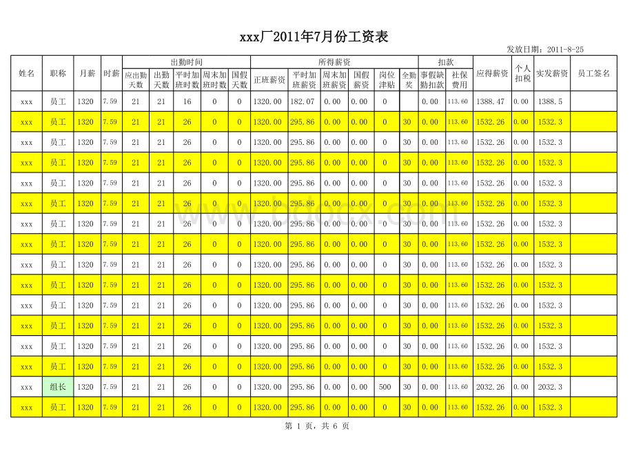 工资表范本(已设计好公式自动计算-考勤表&工资表)表格文件下载.xls