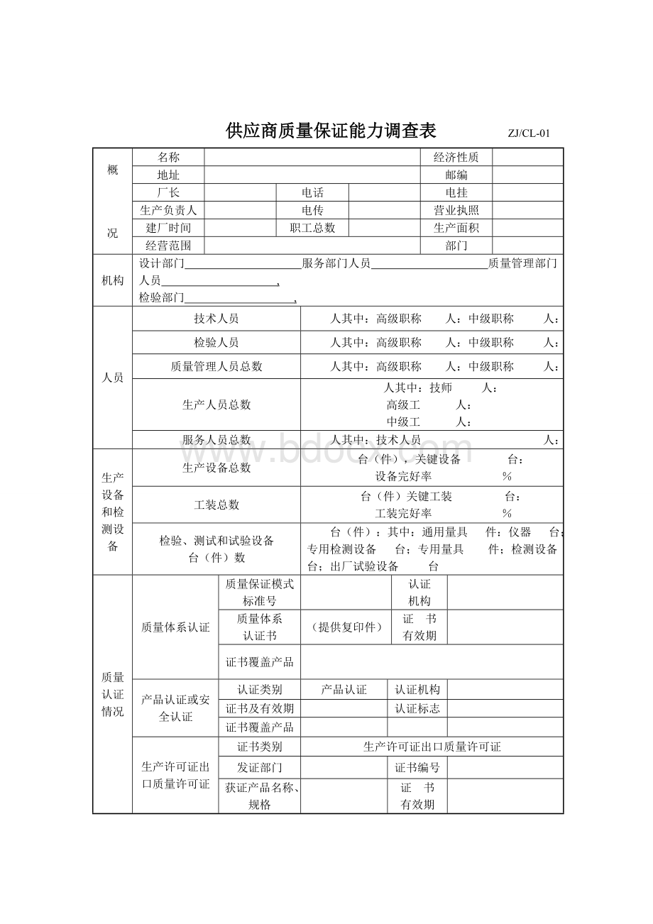 供应商质量保证能力调查表Word文档格式.doc_第1页