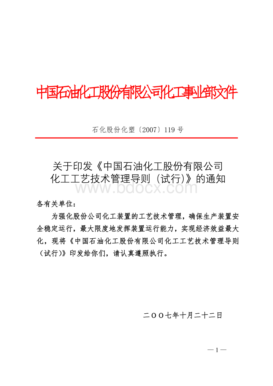 中国石油化工股份有限公司化工工艺技术导则(试行)-石化股份化塑〔2007〕119号Word文件下载.doc_第1页