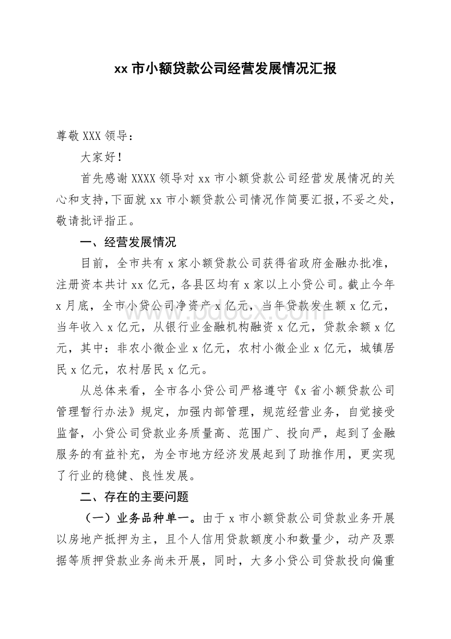 XX市小额贷款公司经营发展情况汇报Word文档格式.doc