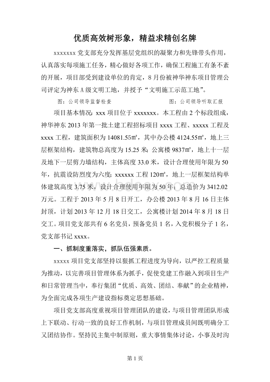 项目党建示范点汇报材料Word文档下载推荐.doc_第1页