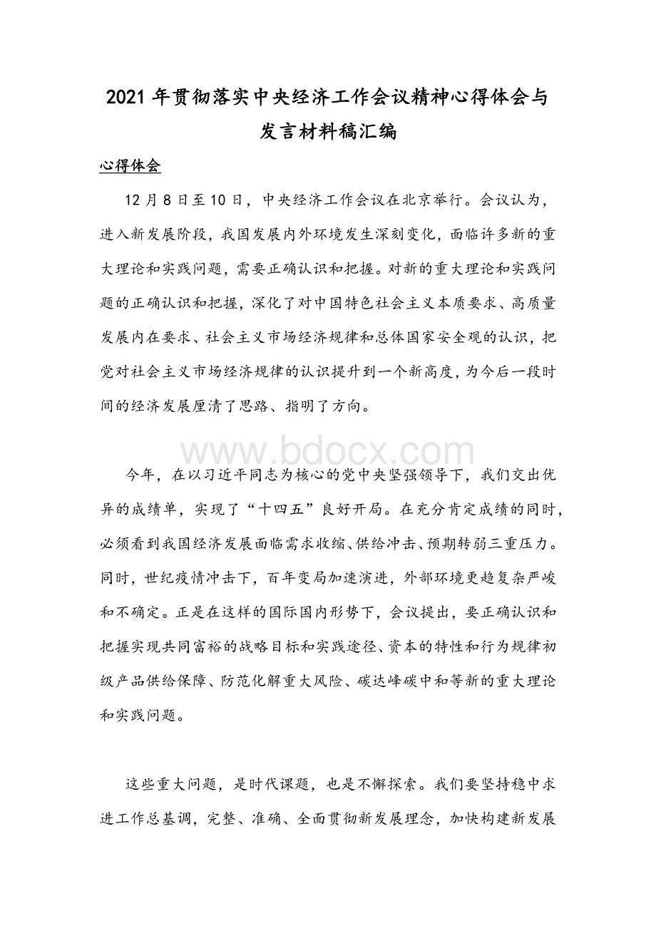 2021年贯彻落实中央经济工作会议精神心得体会与发言材料稿汇编Word文档下载推荐.docx_第1页