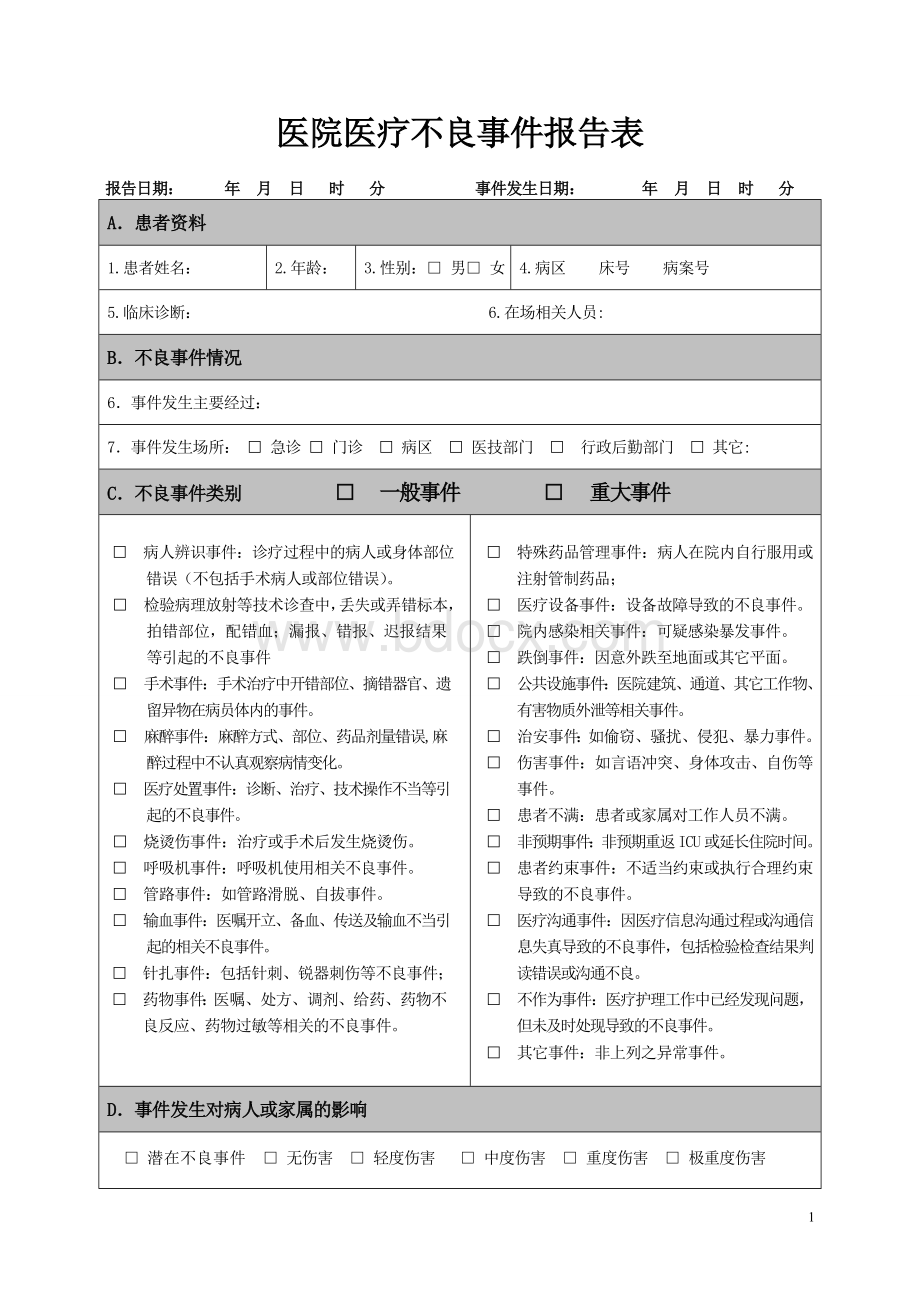 医院医疗不良事件报告表Word格式文档下载.doc