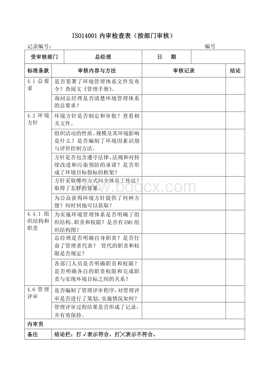 ISO14001内审检查表(按部门审核).doc