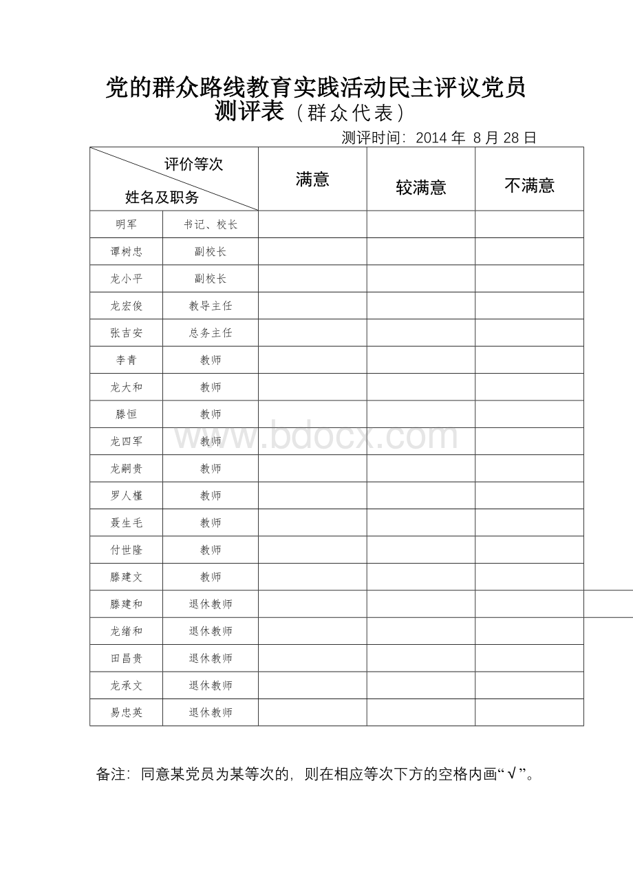 党的群众路线教育实践活动民主评议党员测评表(群众代表).doc