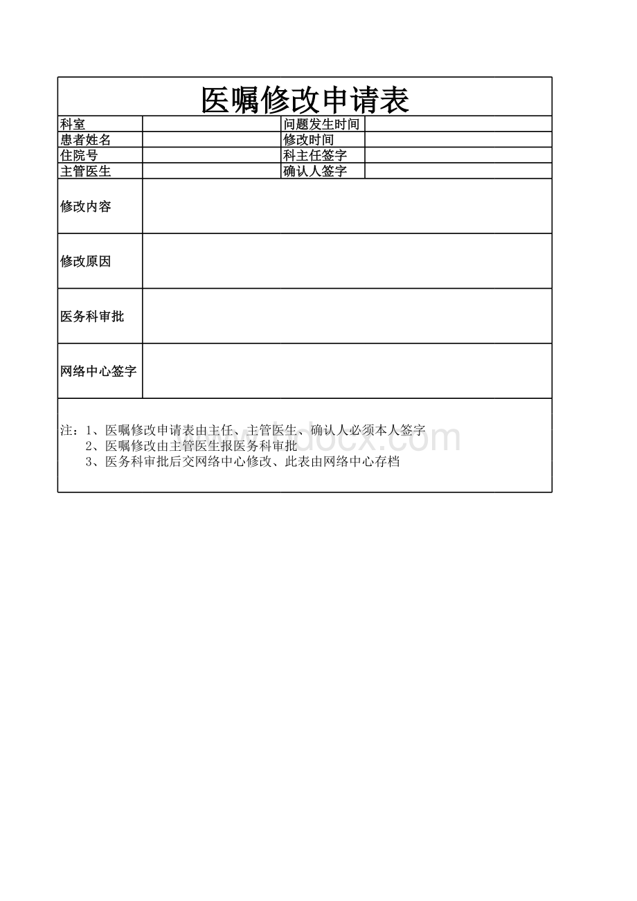 医嘱修改申请表表格文件下载.xls_第1页