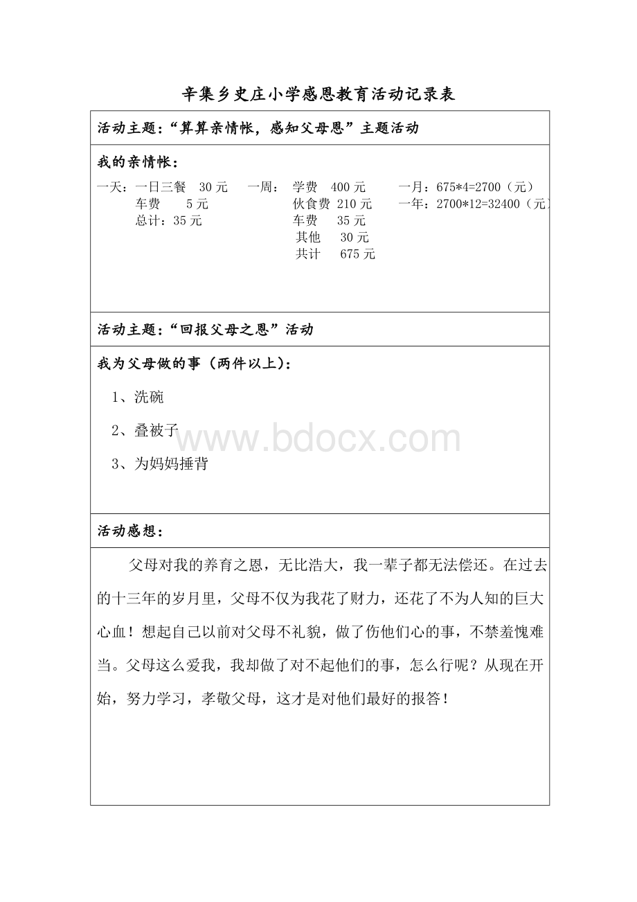 感恩教育活动记录表Word格式文档下载.doc_第1页