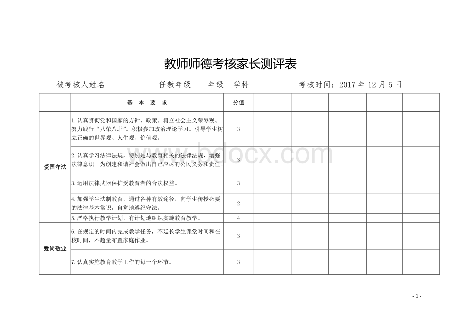 2017年度师德考核家长评价表.doc